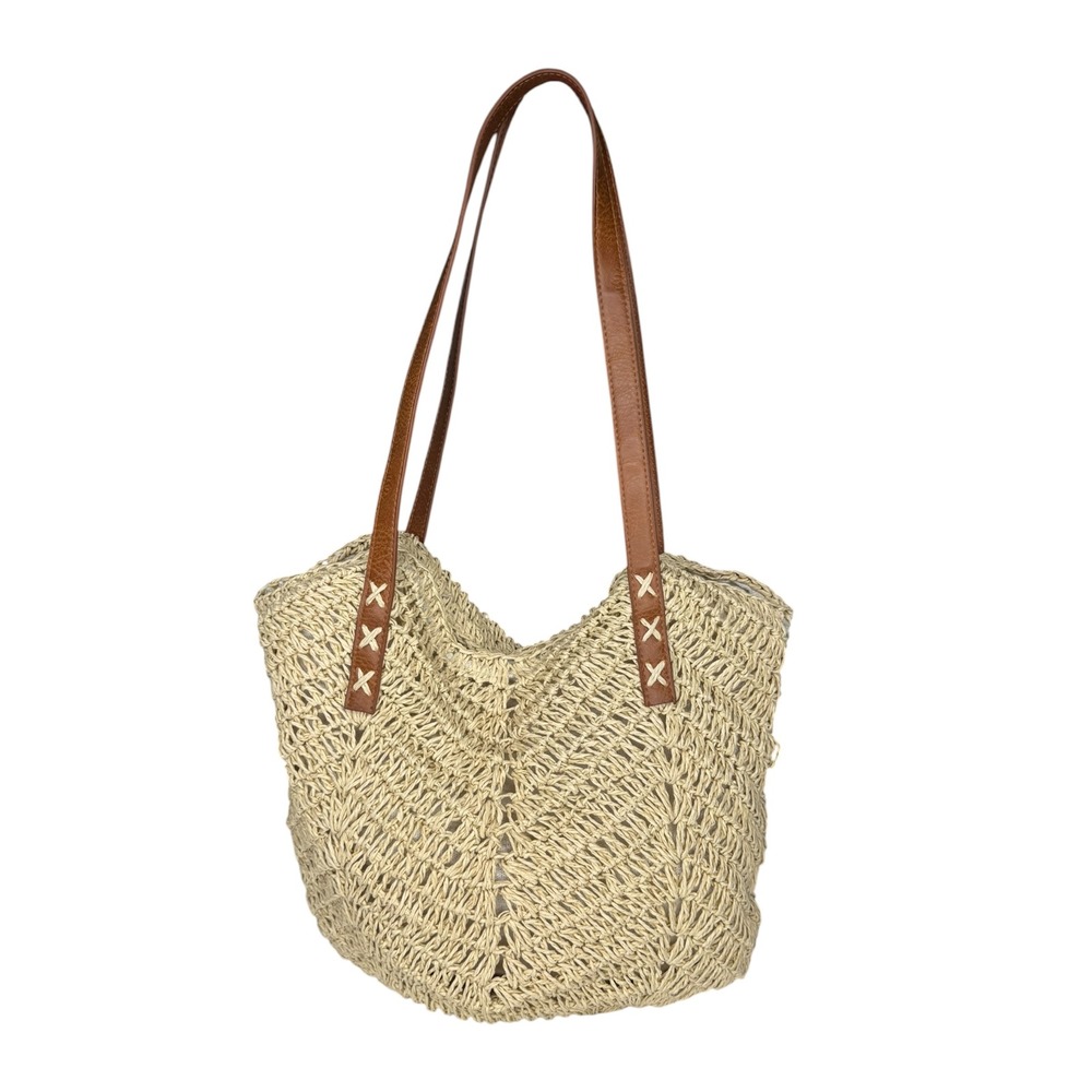 LinYooLi Woven Straw Crochet‎ Cream & Brown Faux Leather Straps Boho Tote Bag